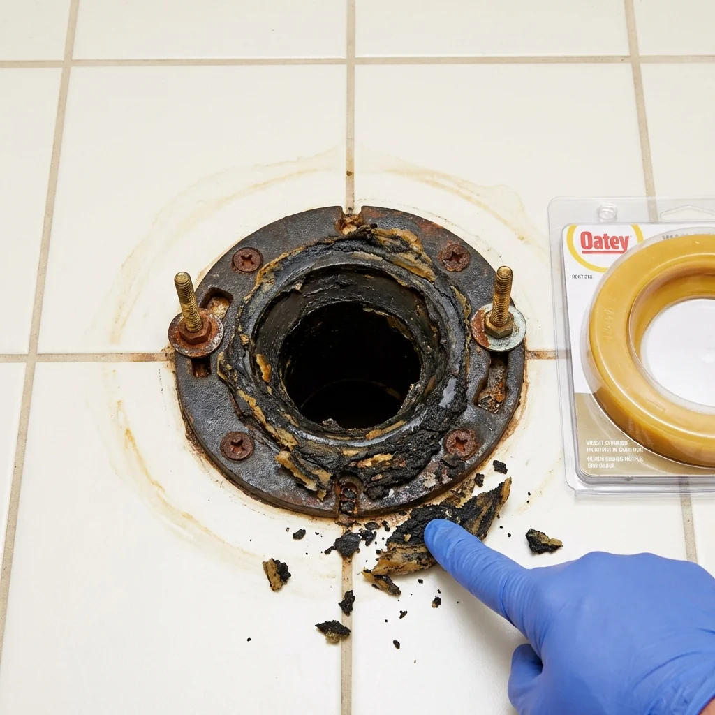 Failed wax ring showing water seepage at the base of a toilet in a Balm, FL home