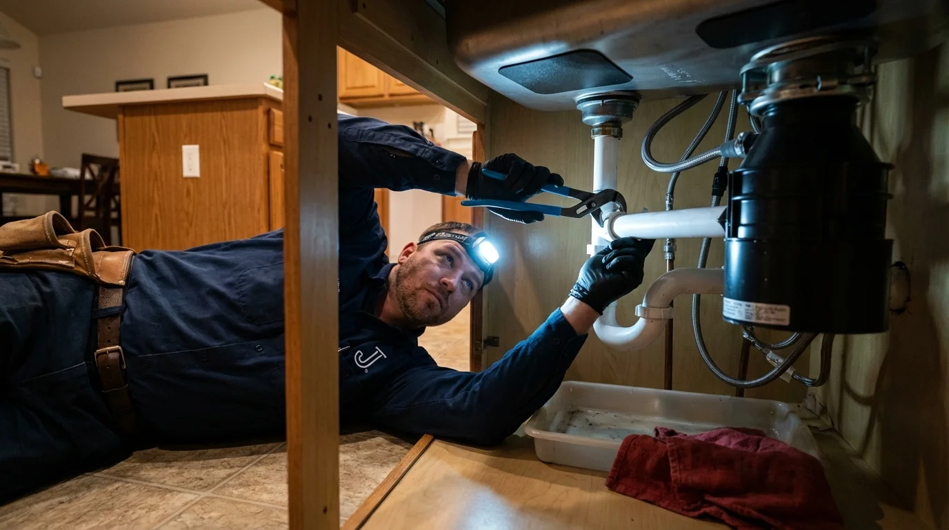 P-trap and supply line connections under a kitchen sink showing a common leak point in Balm, FL